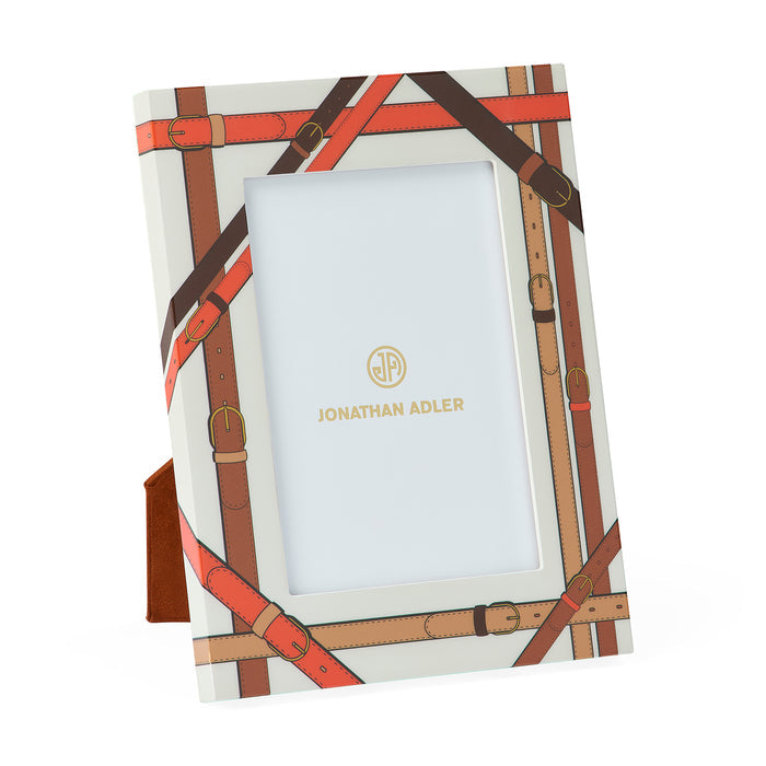 Jonathan Adler leather-strap patterned picture frame with a light blue insert, shown on a clean white background.