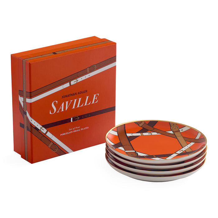 A set of Saville porcelain small plates by Jonathan Adler, shown with their orange presentation box on a white background.
