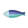 Decorative fish-shaped plate with blue and gold design on a white background