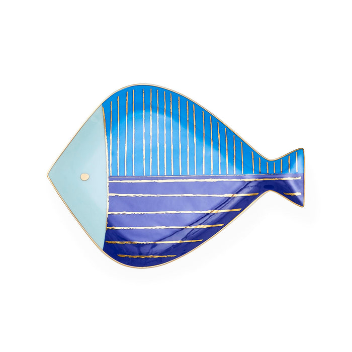 Fish-shaped plate with blue and gold design on a white background
