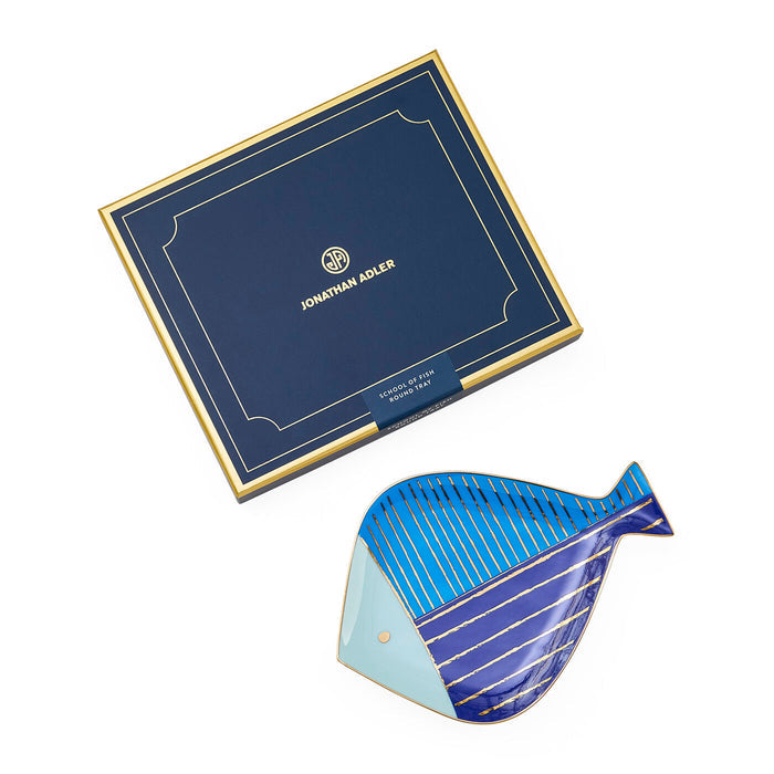 Blue and gold decorative item with Jonathan Adler packaging on a white background