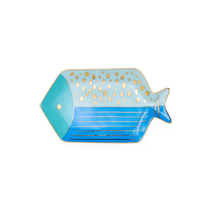 Fish-shaped blue and gold decorative plate on a white background