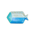 Fish-shaped blue and gold decorative plate on a white background