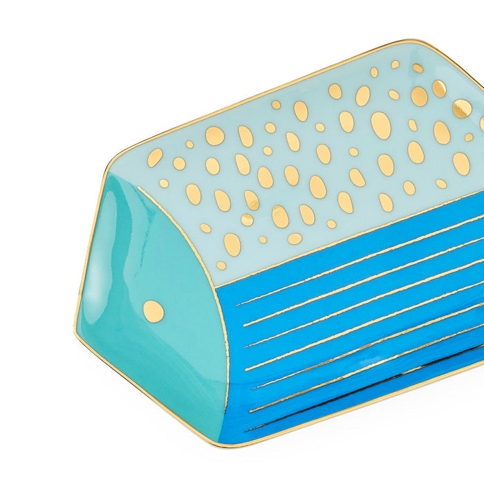 Rectangular ceramic dish with blue and beige pattern on a white background