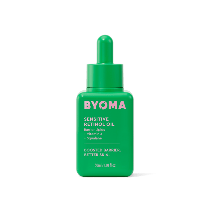 BYOMA Sensitive Retinol Oil in a green bottle.