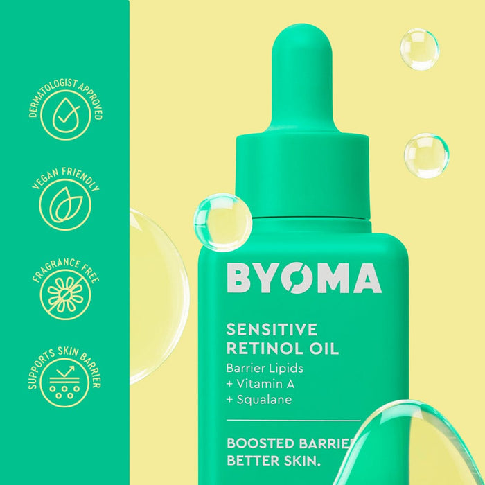 BYOMA sensitive retinol oil bottle with green dropper on a yellow background
