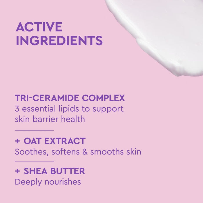 BYOMA Sensitive Skin Body Lotion label listing active ingredients, on a pink background.