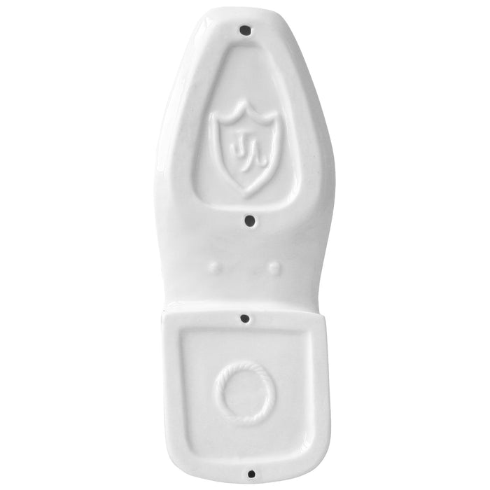 White ceramic shoe with a logo on a white background