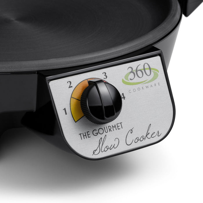 Angled front view of Slow Cooker Base showcasing temperature dial, numbered heat settings and 360 Cookware logo on white background
