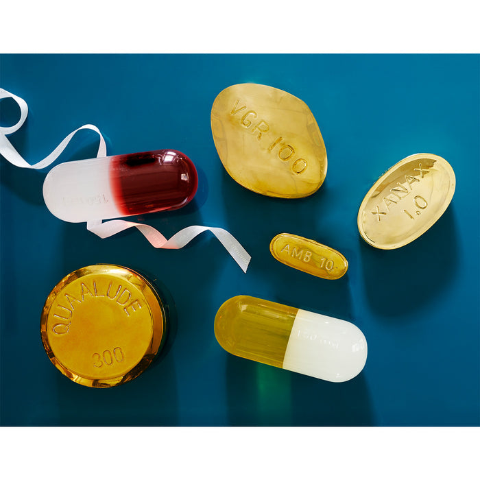 small acrylic pill red brass pill box collection with whtie ribbon holiday - styled view