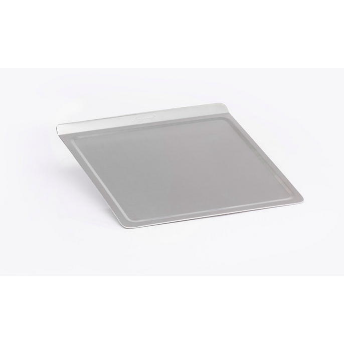 Angled view of stainless steel cookie sheet showing shallow raised baking edge and flat rolled lip handle on white background