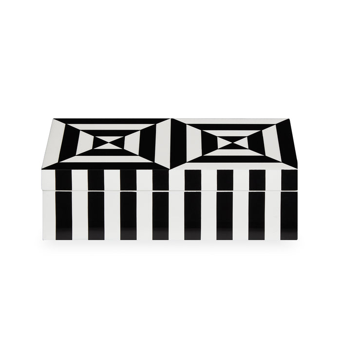 op art lacquer box small black white with wellington console - styled view