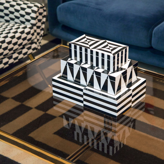 op art lacquer boxes stacked versailles maze vase scalinatella cocktail table - styled view 1
