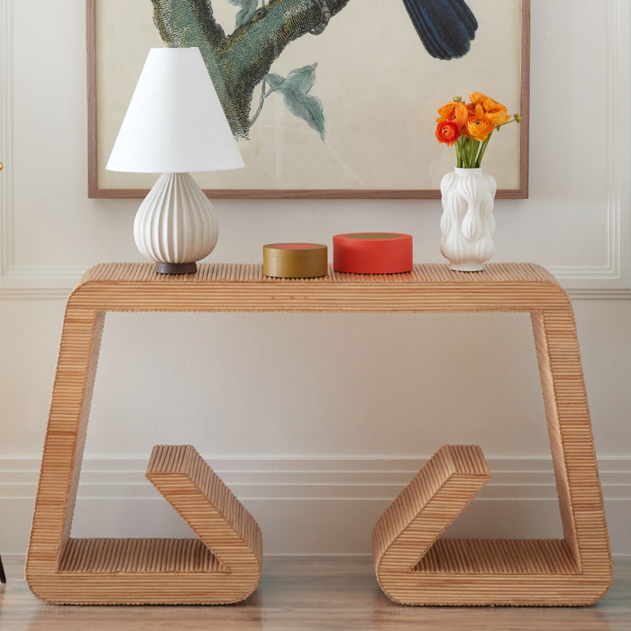 perimeter leather boxes teardrop relief table lamp large balloon vase riviera waterfall console - styled view