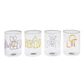 Four clear drinking glasses lined up in a row on a white background, each with a different colorful hand-drawn style graphic and word: a butterfly and 'BUZZED', a pickle and 'PICKLED', a halo and 'LOOPY', and a lightbulb and 'LIFT'.