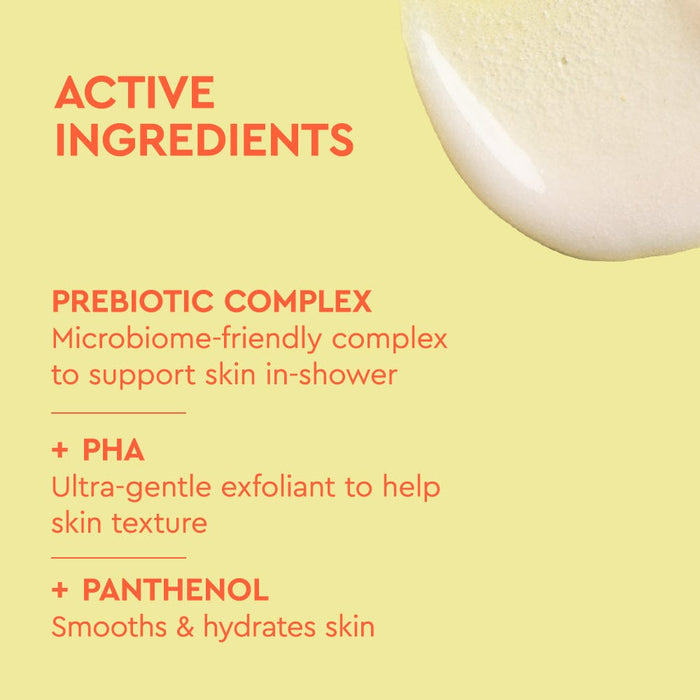 BYOMA Smoothing Body Polish label listing active ingredients, on a yellow background.