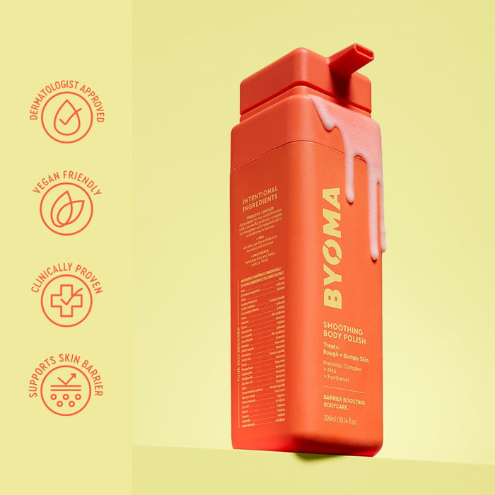 Orange BYOMA body polish bottle with labels on a yellow background