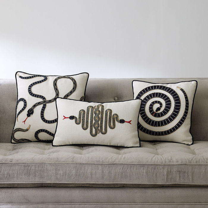 snake embroidered pillow black and white - group view