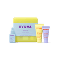 BYOMA So Bright Set featuring a yellow case, accompanied by a Brightening serum, Creamy Jelly Cleanser and Moisturizing Rich Cream.
