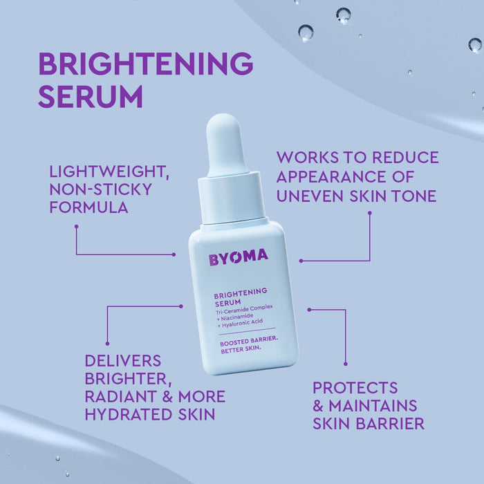 BYOMA brightening serum with text on a light purple background