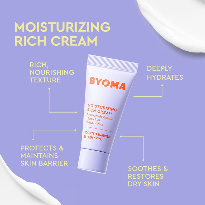 BYOMA moisturizing rich cream tube with text on a purple background