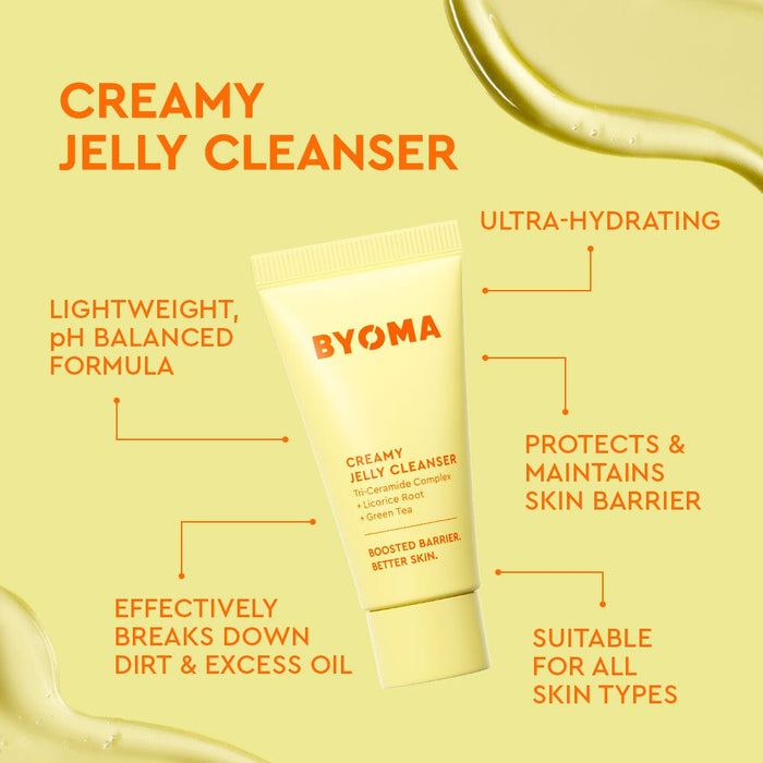 BYOMA Creamy Jelly Cleanser from the So Clear Set on a yellow background, with product features listed.