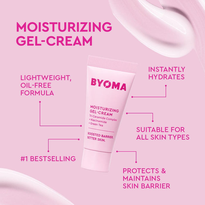 BYOMA Moisturising Gel-Cream from the So Clear Set on a pink background, with text highlighting its features.