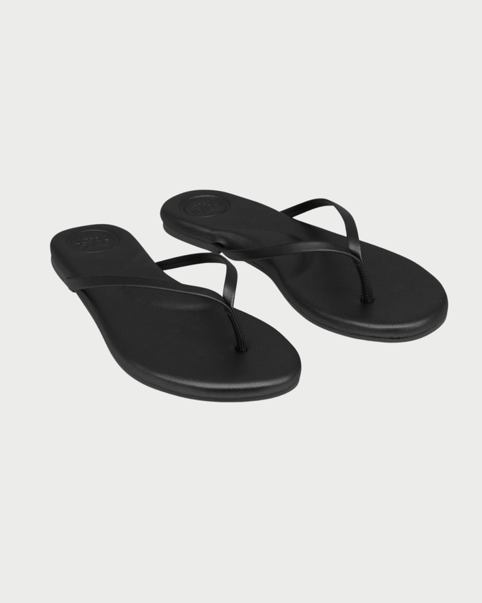 Pair of black flip-flops on a light gray background