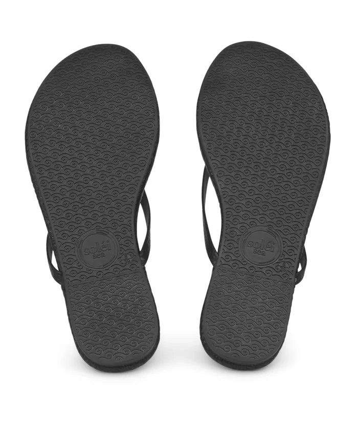 Black flip-flops with a textured sole on a white background