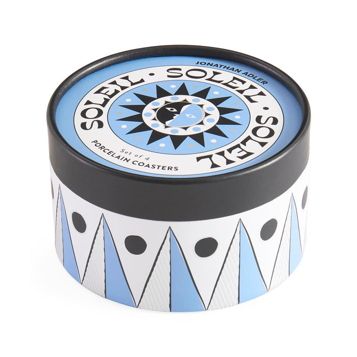 Soleil Porcelain Coasters packaging with geometric design and branding.