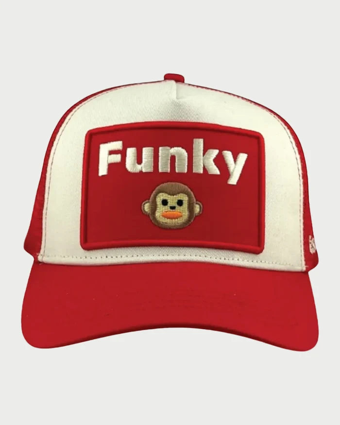 The Soulbyrd Funky Monkey Trucker Hat features "Funky" and a cartoon monkey face on a red patch. This red and white adjustable snapback by Soulbyrd adds playful style to any outfit.