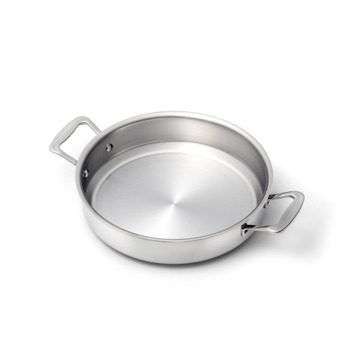 Angled top view of 3-in-1 Roasting Pan with Handles showcasing stainless steel brushed interior, ergonomic loop handles, and visible rivets on white background