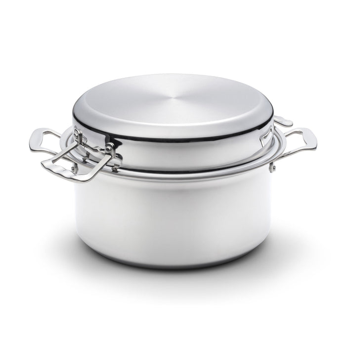 Polished stainless-steel lidded pot with clamp-style locking rim and two folding side handles.