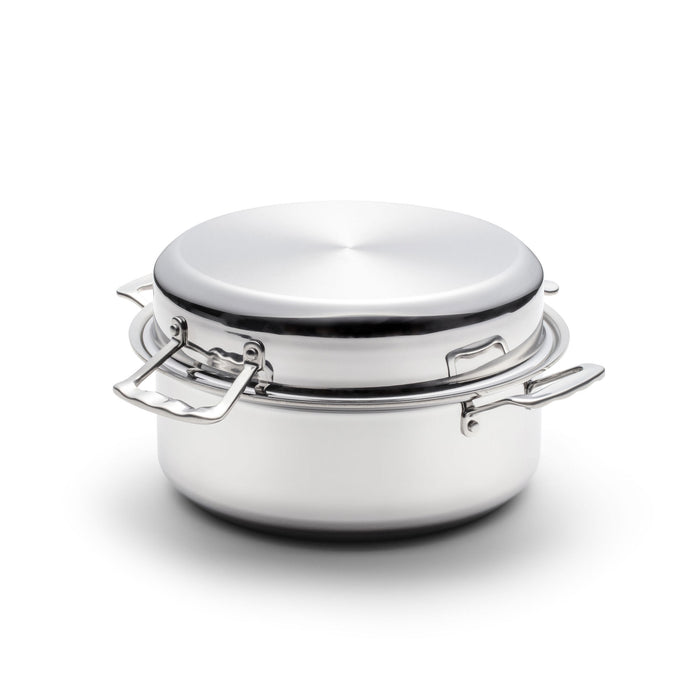 Stackable stainless-steel food container (tiffin) with locking clasps and fitted lid