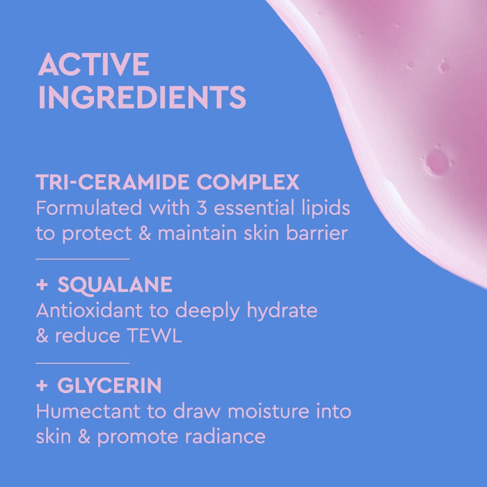 Blue background with a translucent pink liquid texture in the top right corner and a bold pink heading reading "Active Ingredients".
