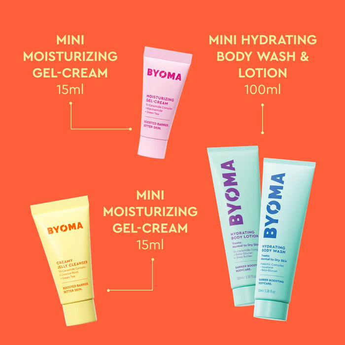 BYOMA Stellar Skincare Set products on an orange background.