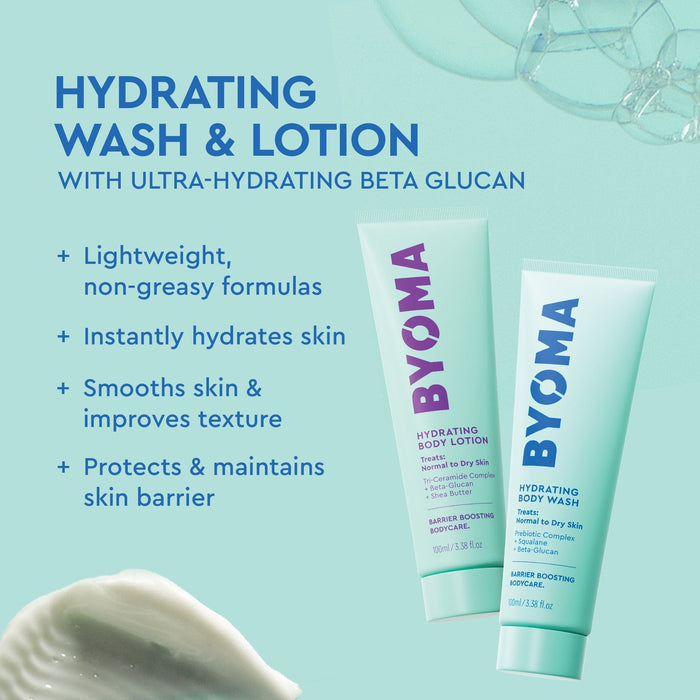 BYOMA hydrating wash and lotion with text on a light blue background