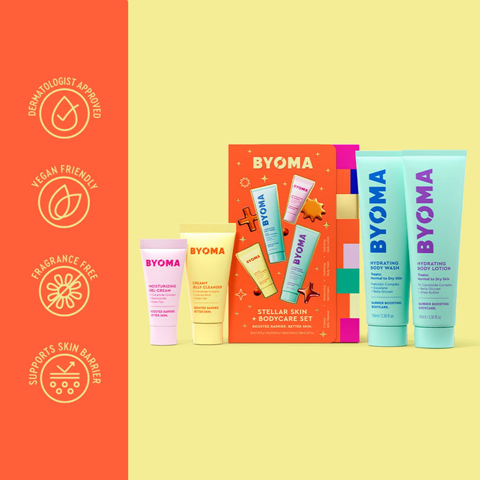 BYOMA skincare products with a colorful box on a yellow background