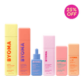 Collection of BYOMA Summer Essentials products on a green background with a 25% off badge.