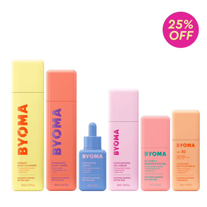 Collection of BYOMA Summer Essentials products on a green background with a 25% off badge.