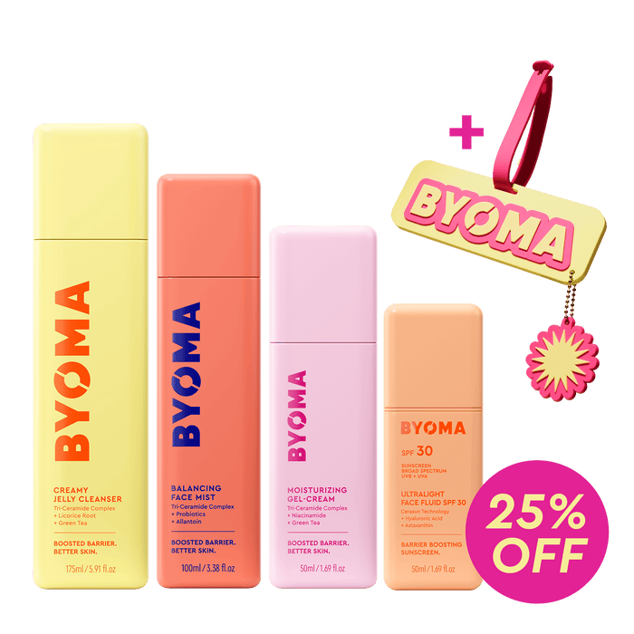 BYOMA Summer Skin Routine SPF 30 bundle with four skincare products, a BYOMA luggage tag, and a "25% off" badge.