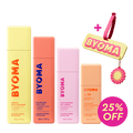 BYOMA Summer Skin Routine SPF 30 bundle with four skincare products, a BYOMA luggage tag, and a "25% off" badge.