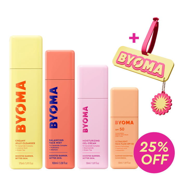 BYOMA Summer Skin Routine SPF 50 bundle with four skincare products, a BYOMA luggage tag, and a "25% off" badge.