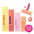 BYOMA Summer Skin Routine SPF 50 bundle with four skincare products, a BYOMA luggage tag, and a "25% off" badge.