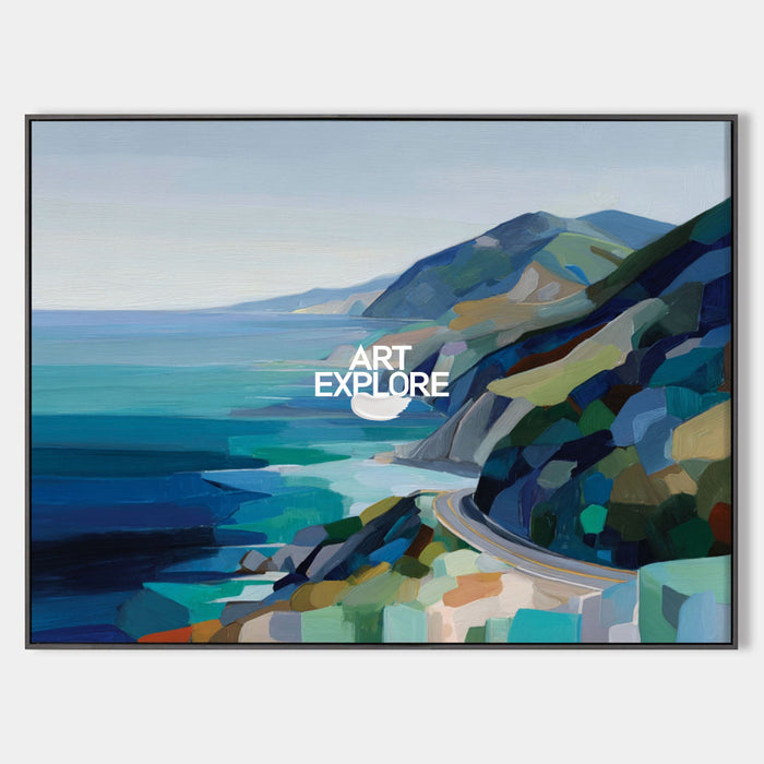 Abstract Coastal Highway Landscape Painting With Blue And Green Tones For Modern Home Decor