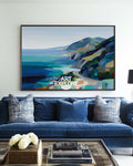 Abstract Coastal Highway Landscape Painting With Blue And Green Tones For Modern Home Decor