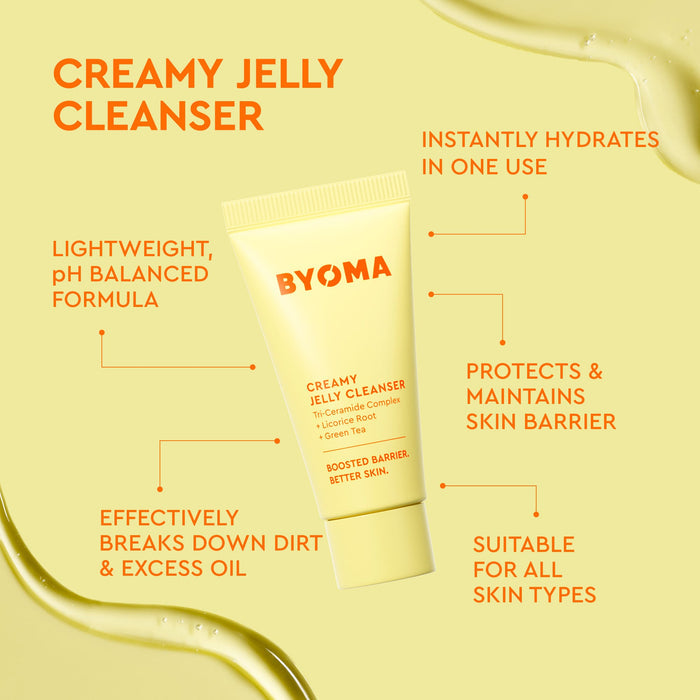 A tube of BYOMA Creamy Jelly Cleanser centered on a pale yellow background with orange text callouts describing skincare benefits. The product tube is light yellow with orange branding and black text.