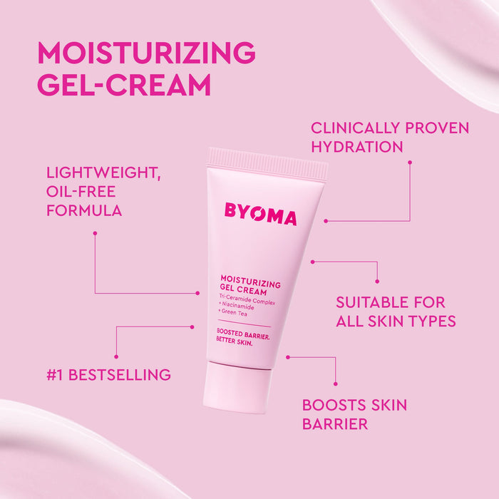 A pink BYOMA moisturizing gel-cream tube centered on a light pink background with marketing text callouts around it.
