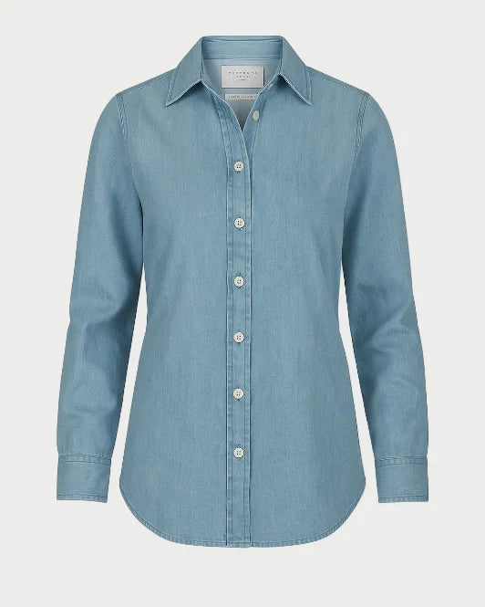Light blue denim shirt on a white background