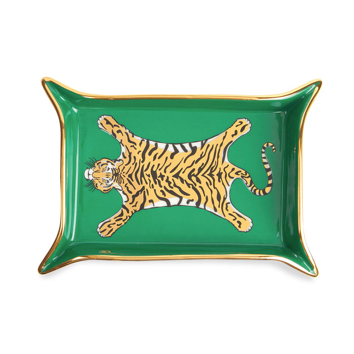 tiger valet tray porcelain green accents gold - top view